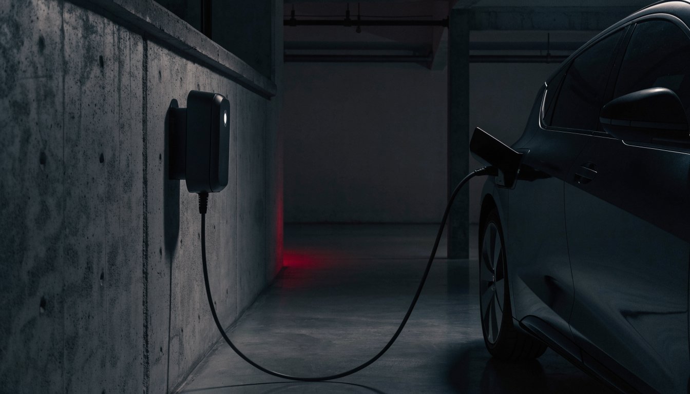 Ladestation in einer Garage mit angeschlossenem Elektroauto