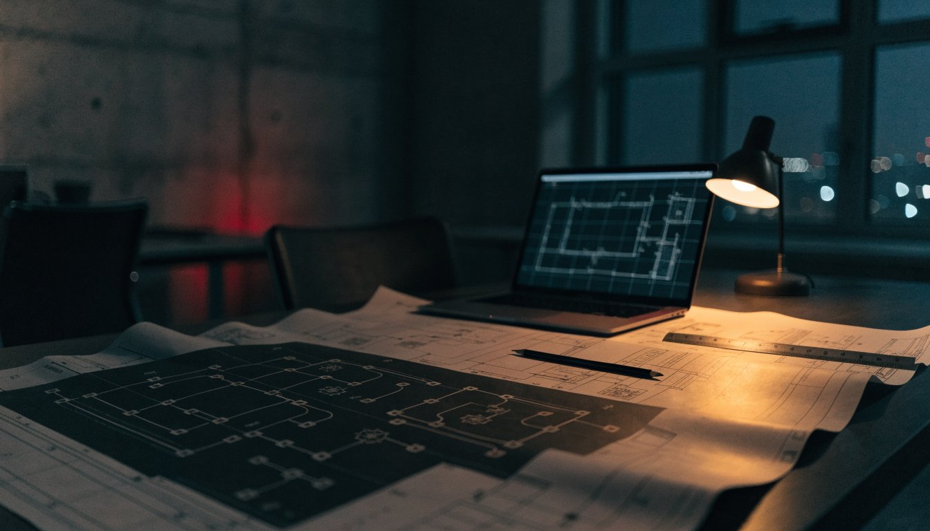 Arbeitsplatz mit Elektroplänen und Laptop